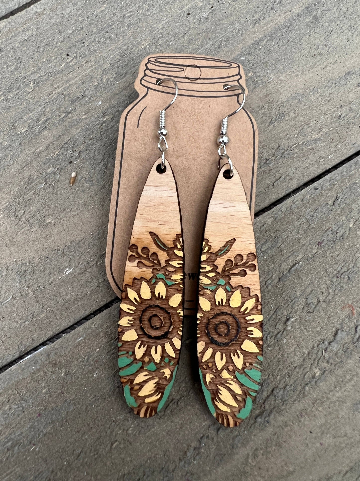 Oval Sunflower Engraved Hand painted Wood Earrings
