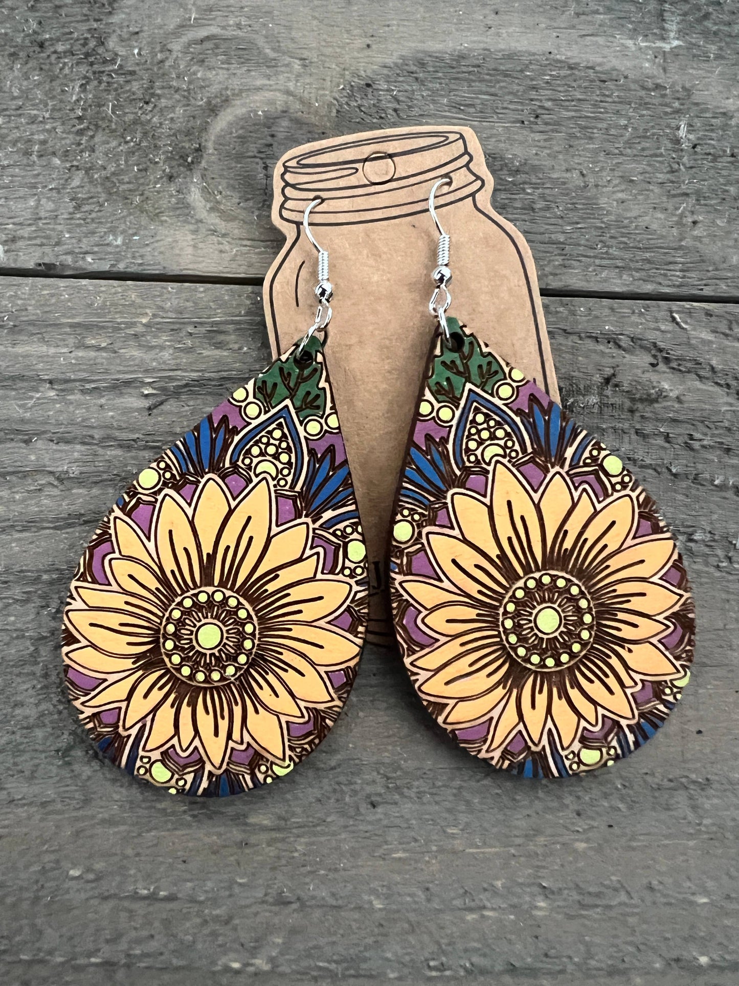 Full Boho Sunflower Engraved Hand painted Wood Earrings