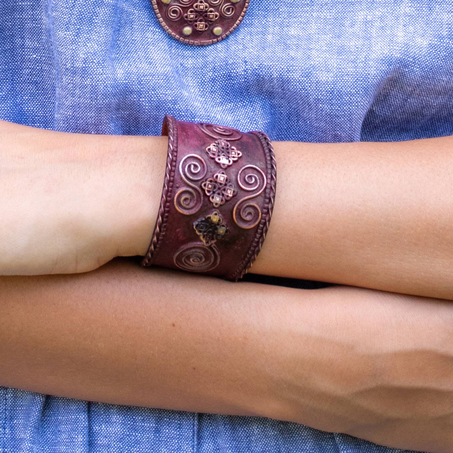 Filigree and Double Spirals Burgundy Copper Patina Cuff