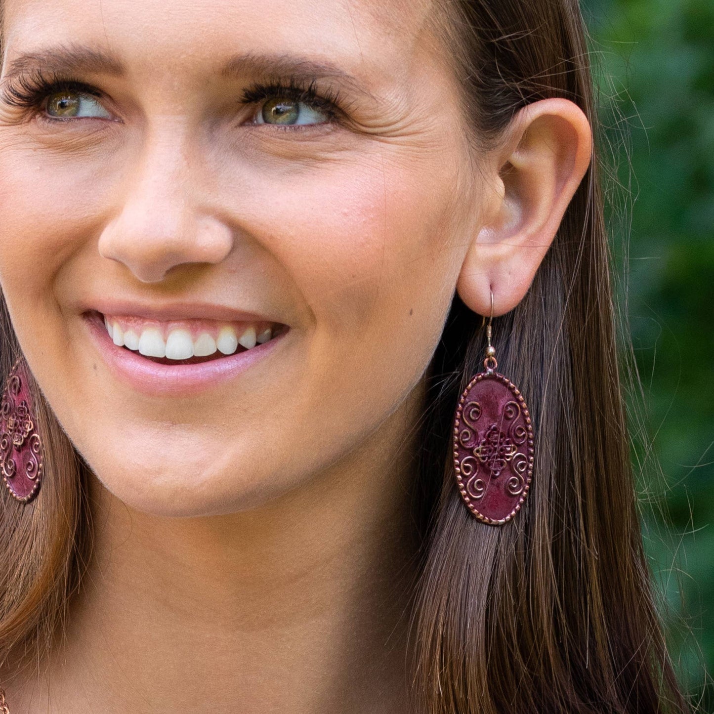 Copper Patina Earrings - Filigree with Spirals Burgundy Oval