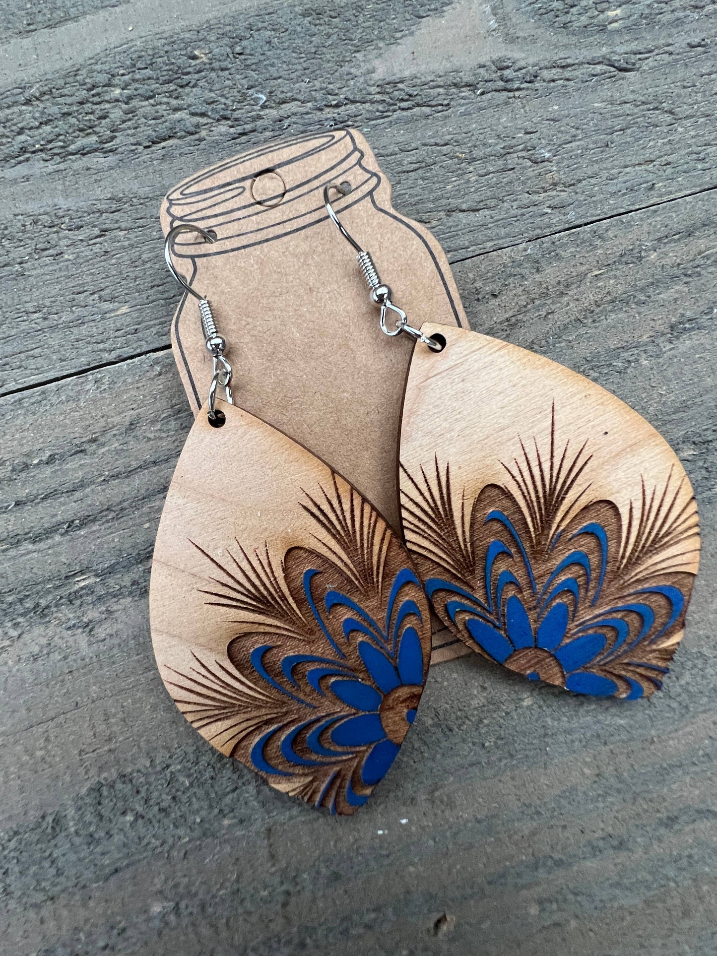 Blue Floral Engraved Hand painted Wood Cutout Earrings