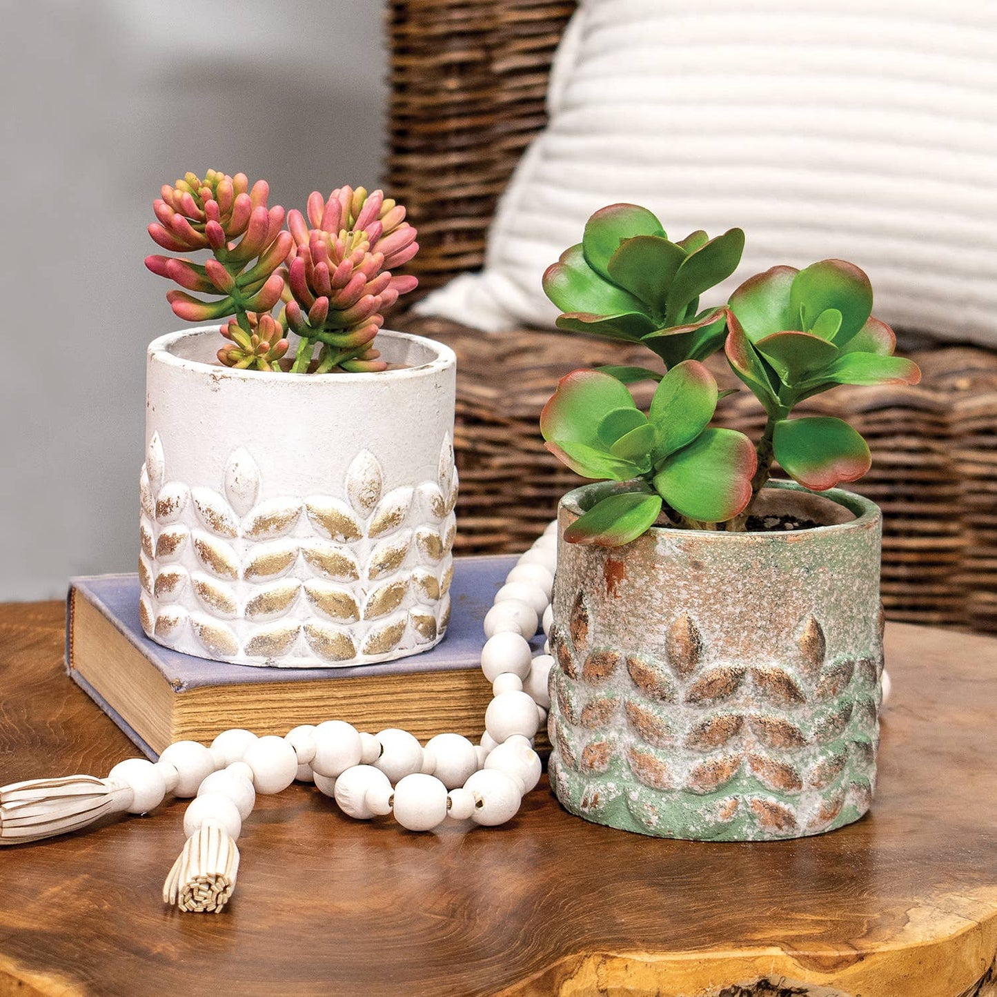 Gold Distressed White Wheat Embossed Cement Planter