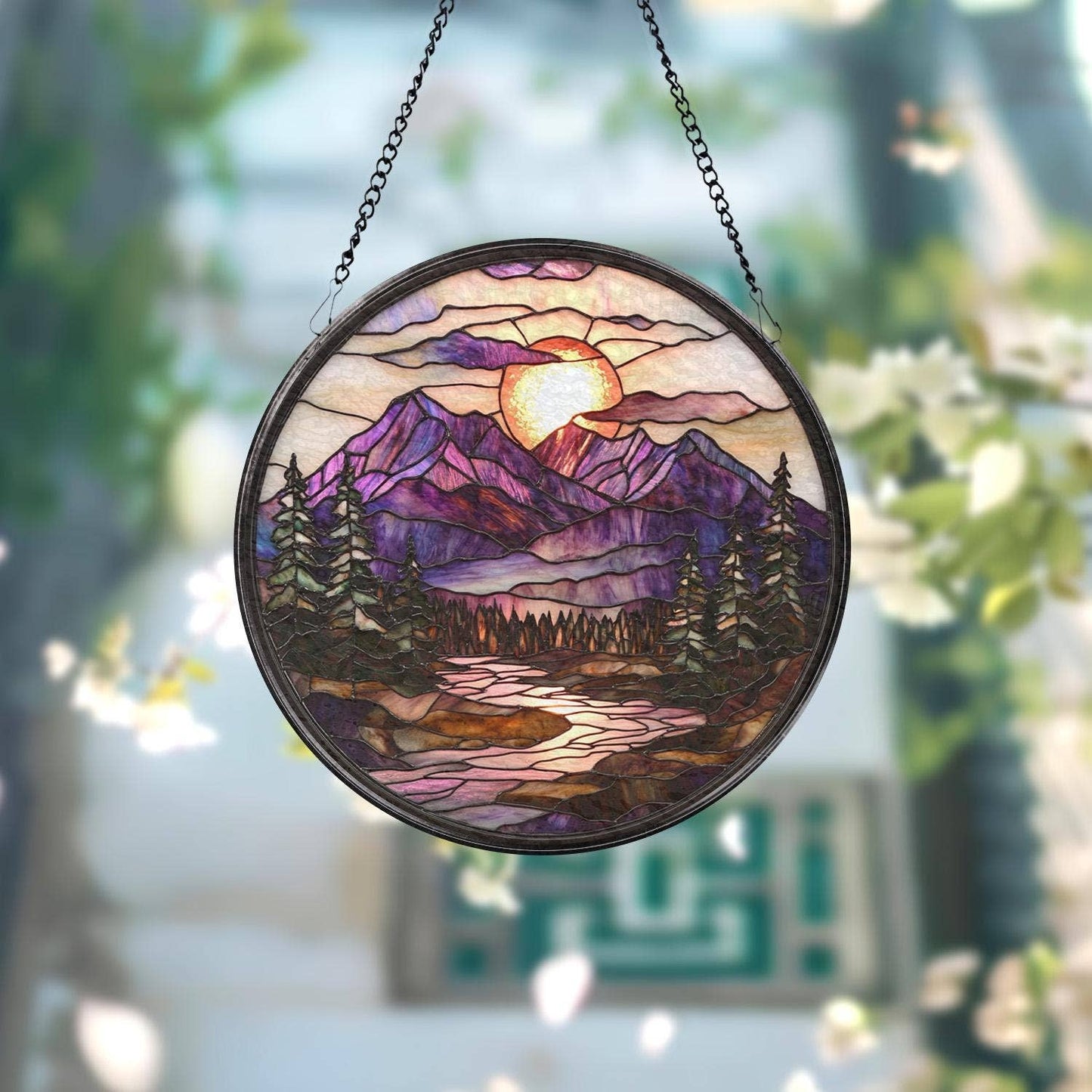 Mountain Sunset Stained Glass Suncatcher, Forest Landscape
