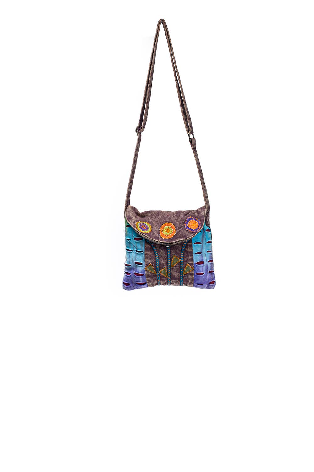 Brown Stonewash Crossbody with Hand-Stitched Flower Design