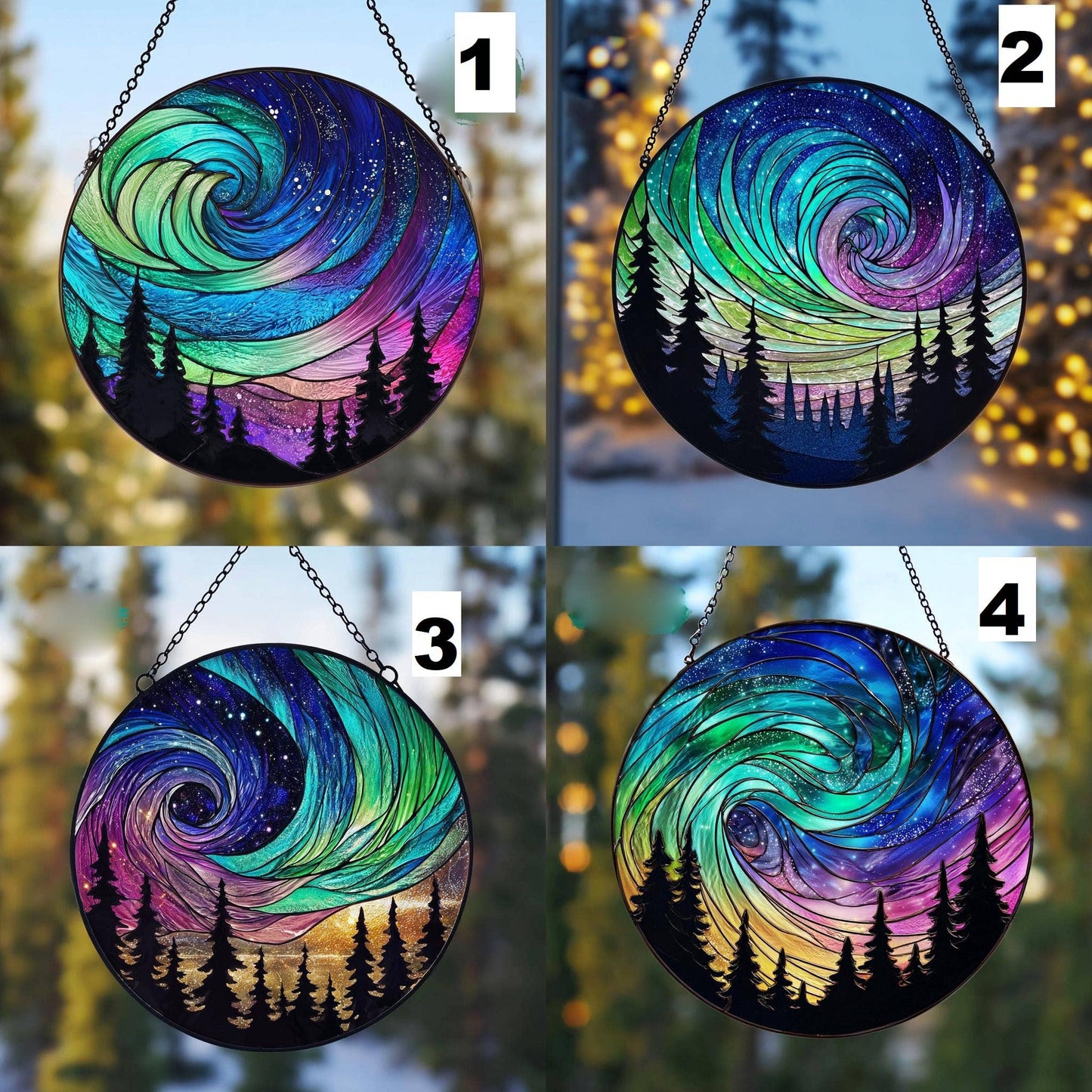 Aurora Borealis Suncatcher, Forest Northern Lights Window