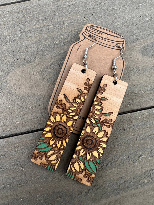 Rectangle Sunflower Engraved Hand painted Wood Earrings