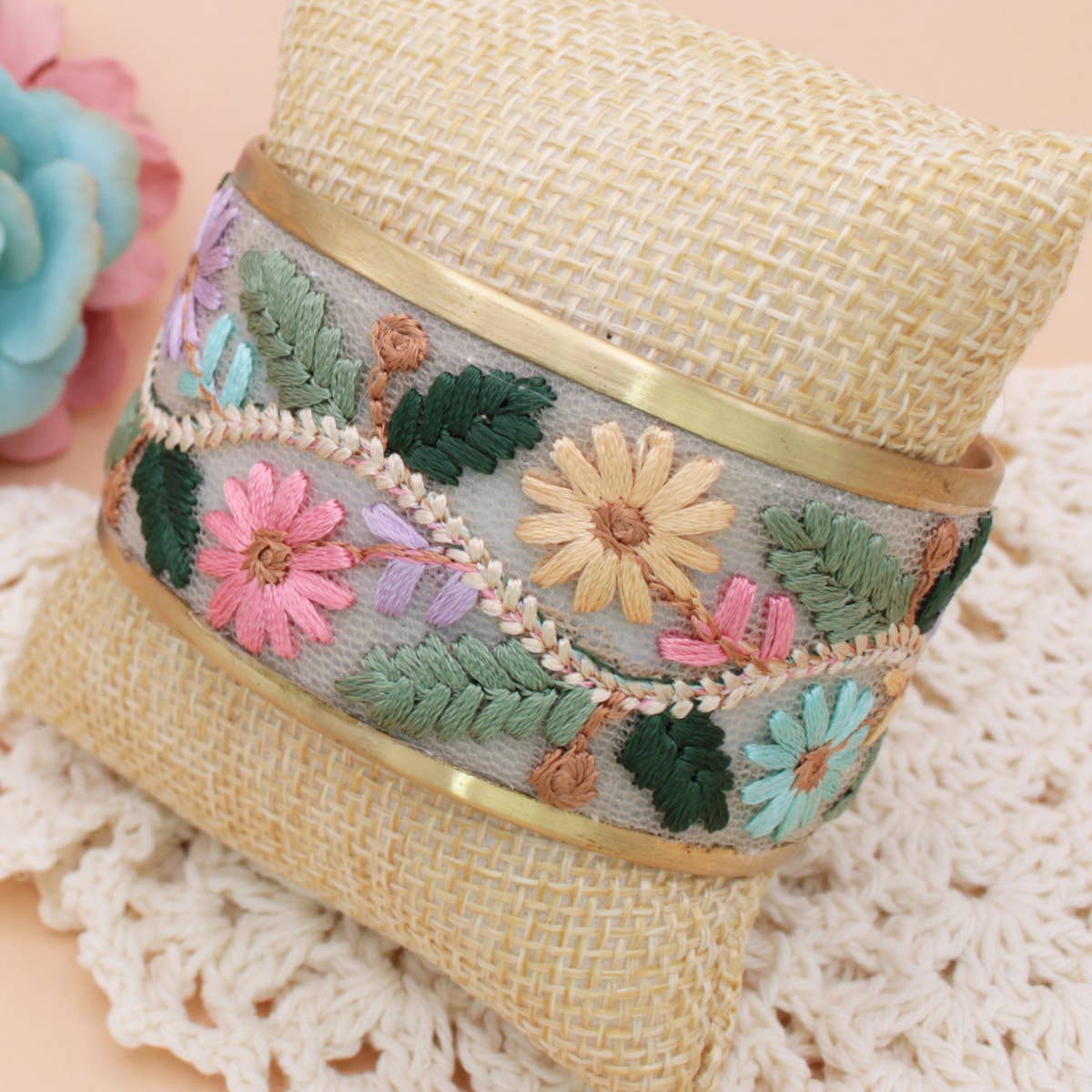 Floral Vines Embroidered Cuff Bracelet