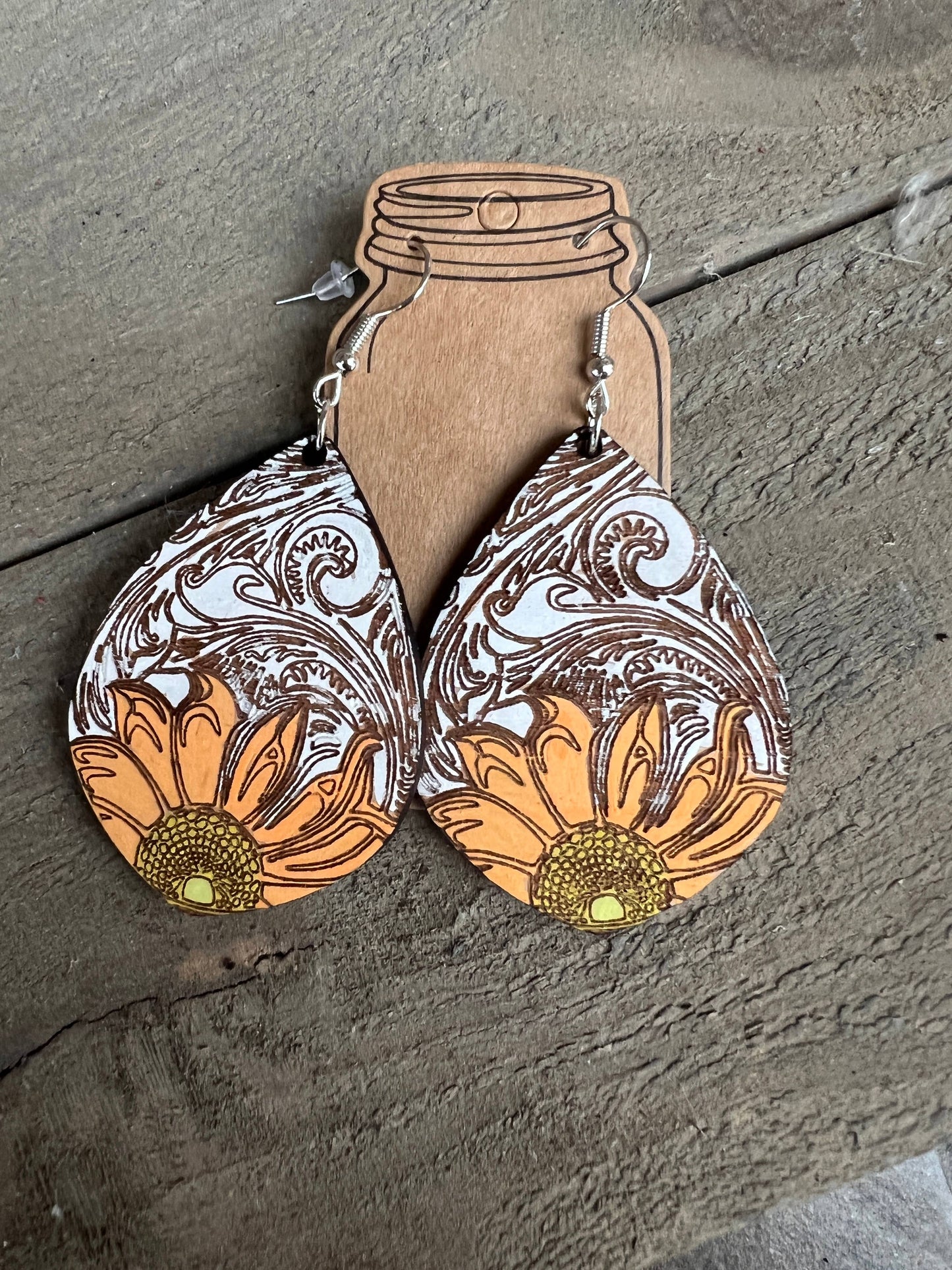 Sunflower Wester Engraved Hand painted Wood Cutout Earrings
