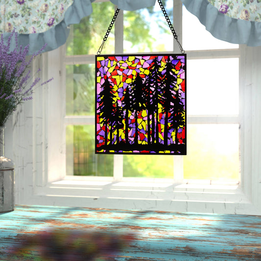 12"W Colorful Mosaic Landscape Stained Glass Window Panel