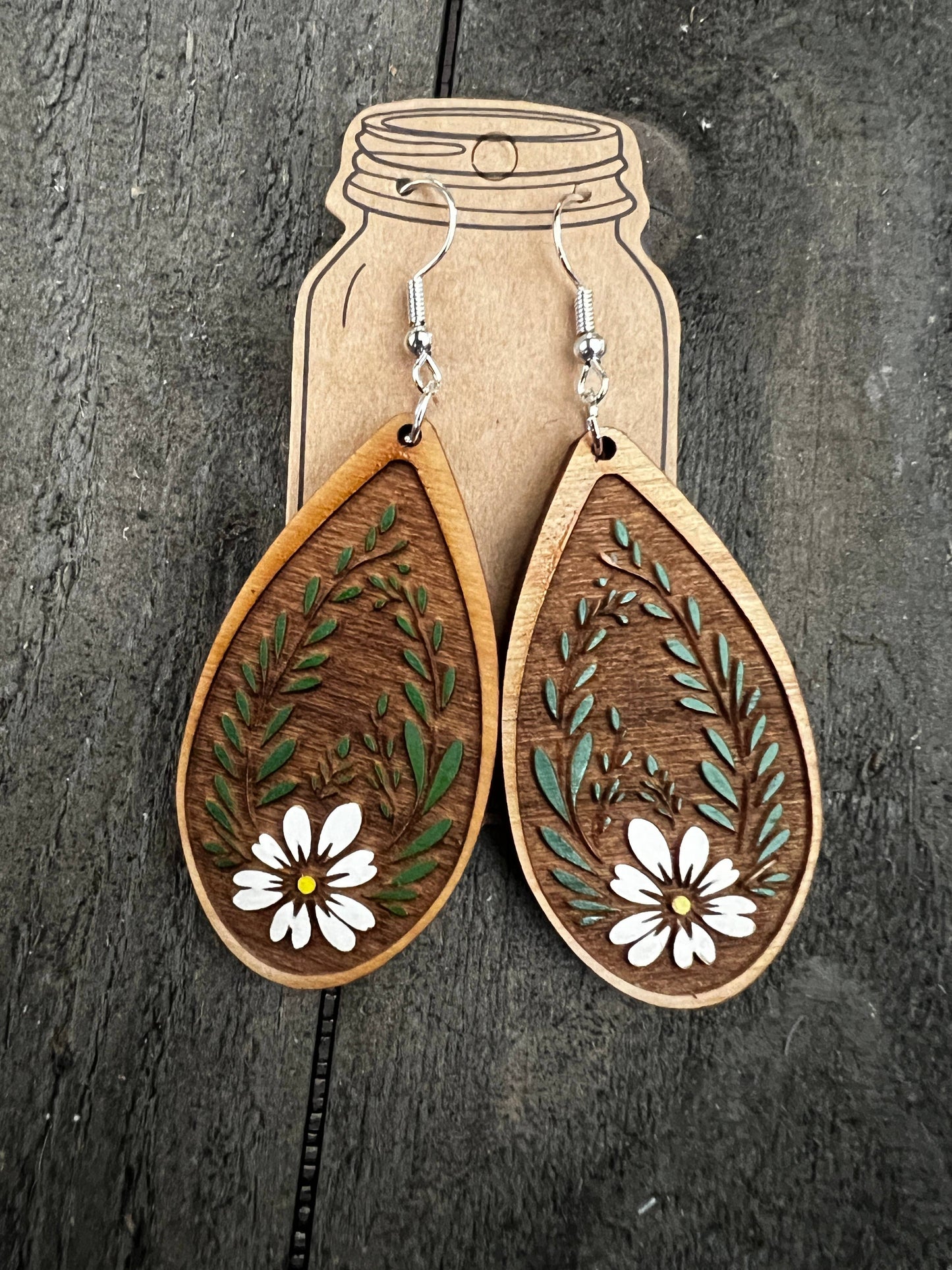  Daisy floral Western Hand Painted Wood Cutout Earrings 