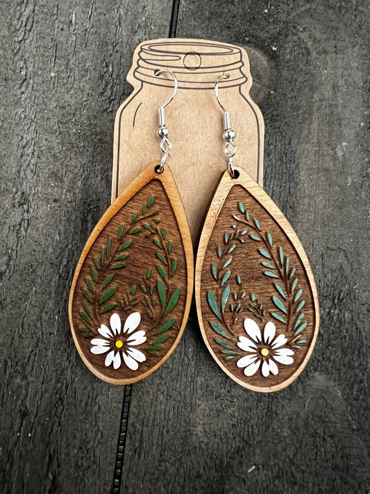  Daisy floral Western Hand Painted Wood Cutout Earrings 