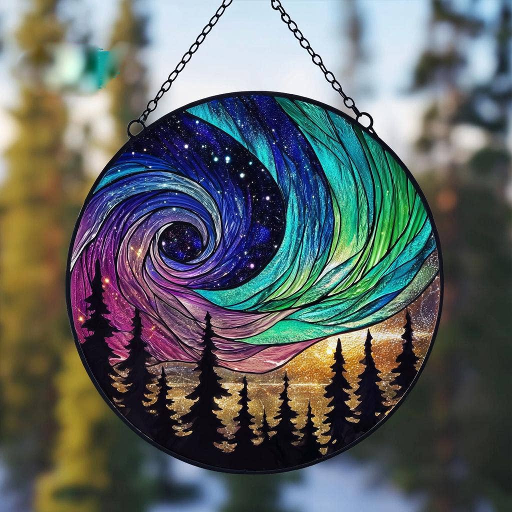 Aurora Borealis Suncatcher, Forest Northern Lights Window
