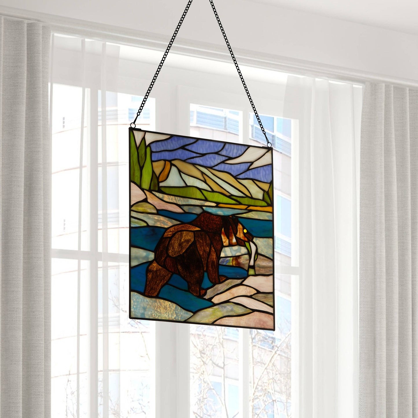 12" Fishing Bear Nature Stained Glass Window Panel