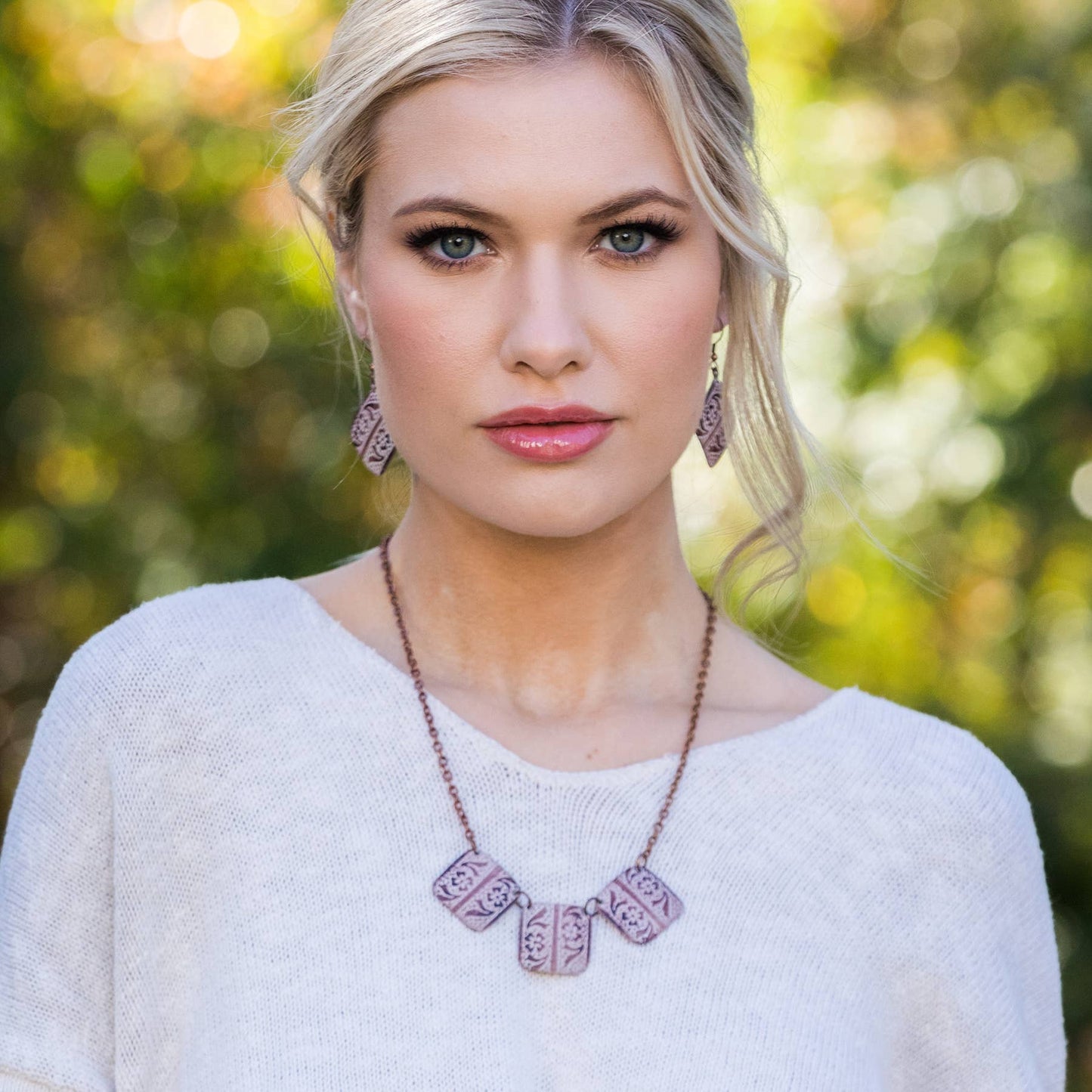 Copper Patina Necklace - Cream Floral and Leaves