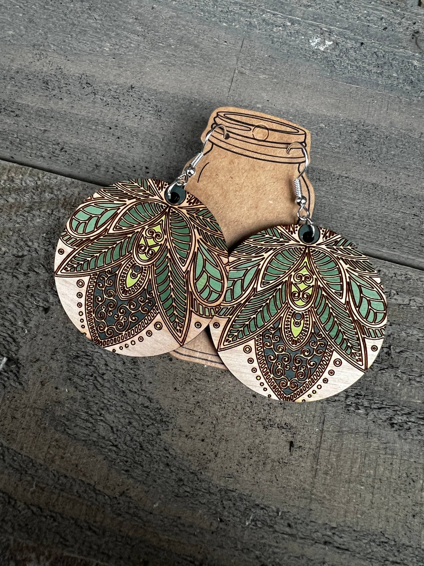 Boho Round Green Fern Engraved Wood Earrings