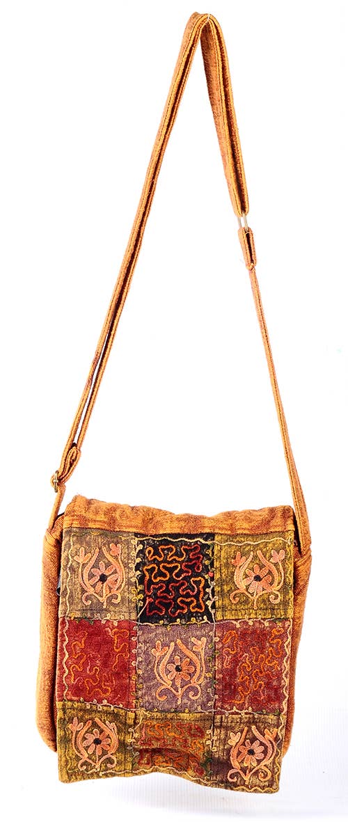 Embroidered brown patchwork crossbody