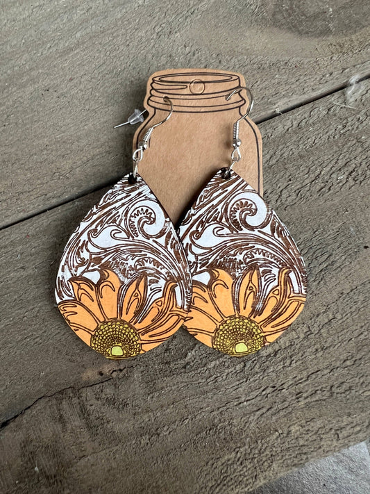 Sunflower Wester Engraved Hand painted Wood Cutout Earrings