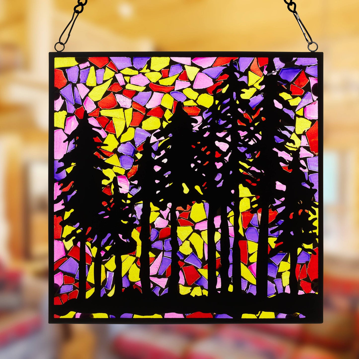 12"W Colorful Mosaic Landscape Stained Glass Window Panel