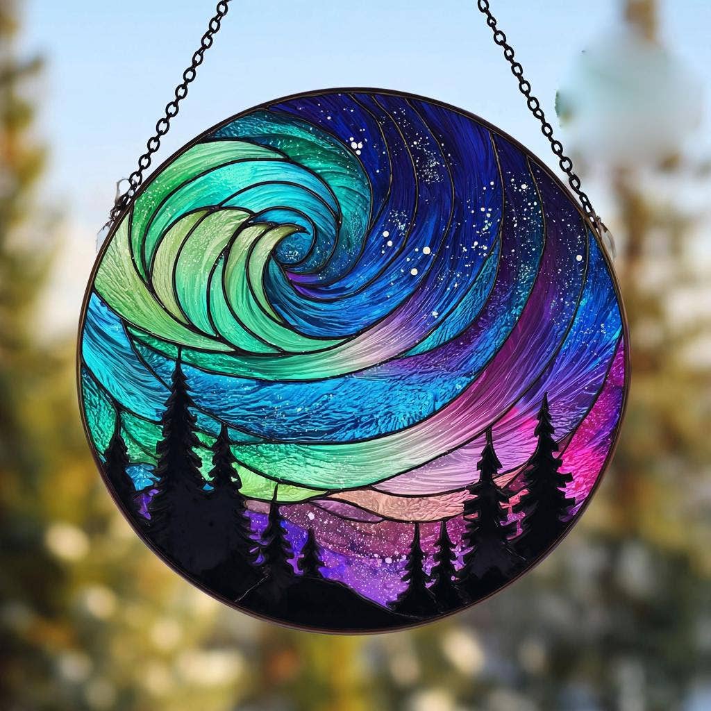 Aurora Borealis Suncatcher, Forest Northern Lights Window
