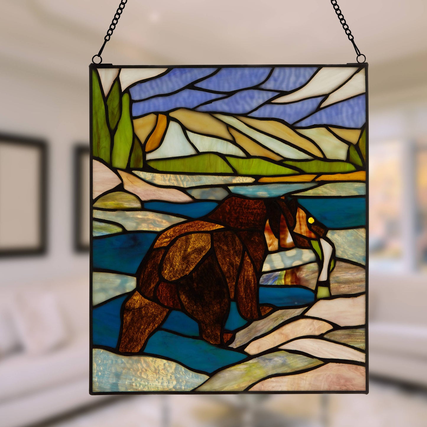 12" Fishing Bear Nature Stained Glass Window Panel