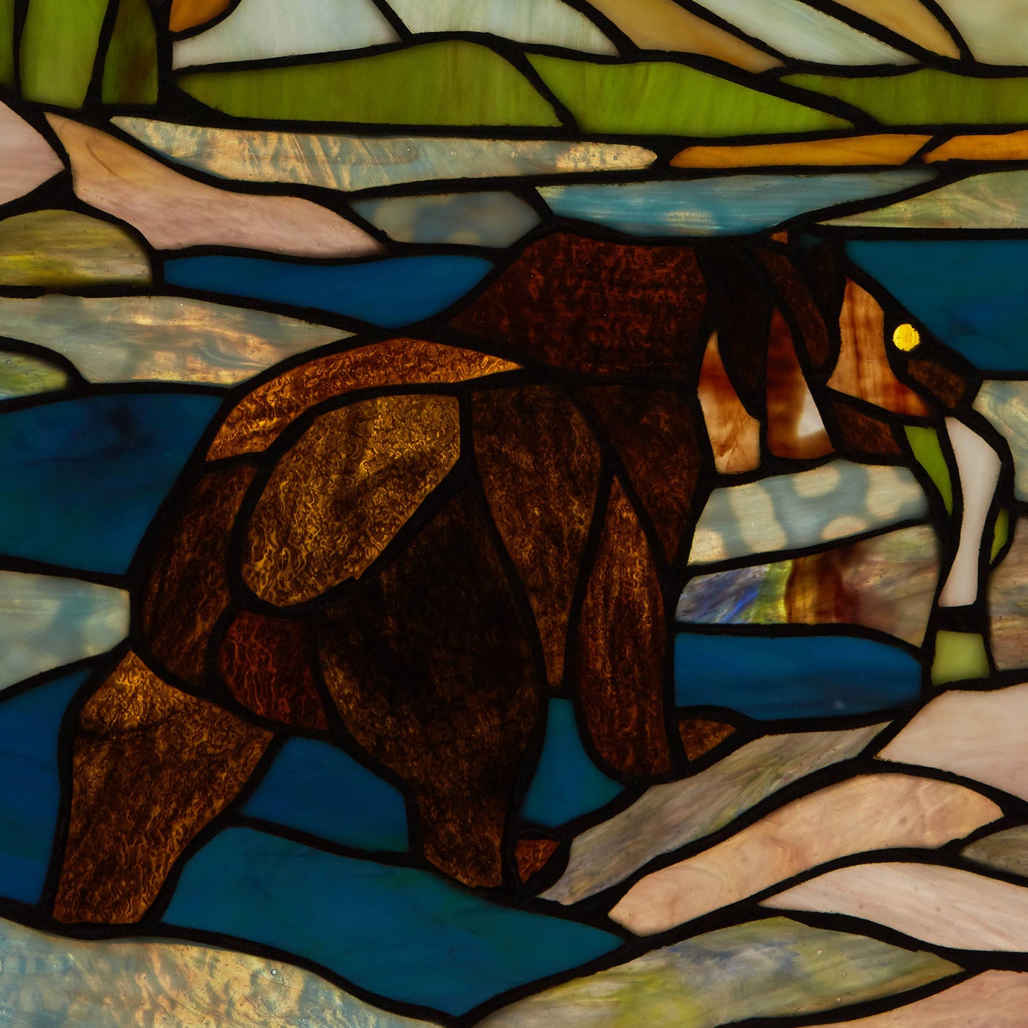 12" Fishing Bear Nature Stained Glass Window Panel