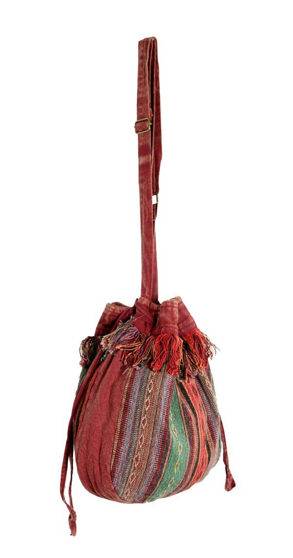 Boho Striped Tibetan Drawstring Sling Bag with Patchwork