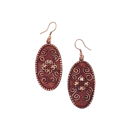 Copper Patina Earrings - Filigree with Spirals Burgundy Oval
