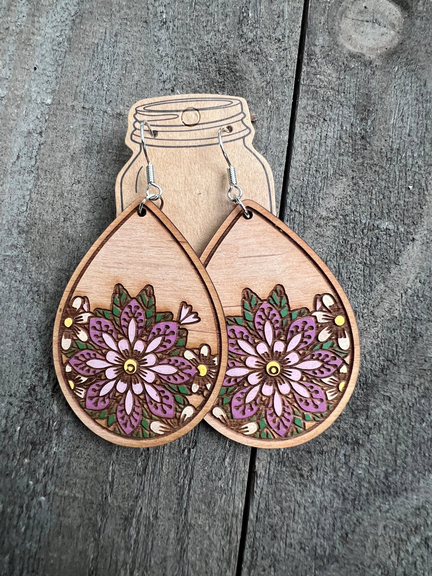 Floral Mandala Boho Engraved Hand painted Wood Earrings