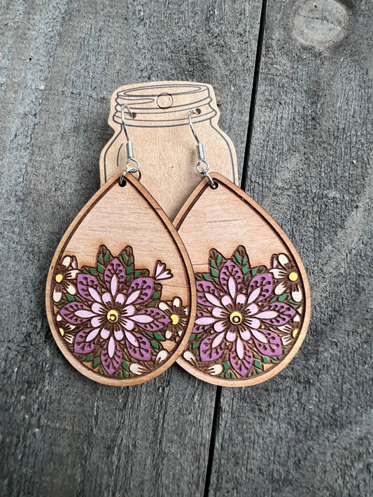 Floral Mandala Boho Engraved Hand painted Wood Earrings
