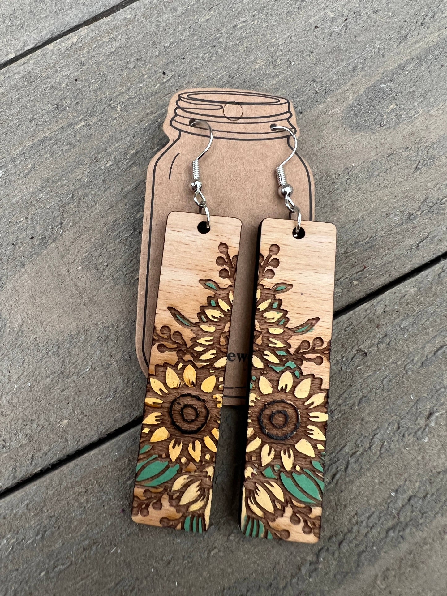 Rectangle Sunflower Engraved Hand painted Wood Earrings