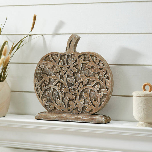 Harvest Vine Carved Wooden Pumpkin Tabletop Sign 11x12