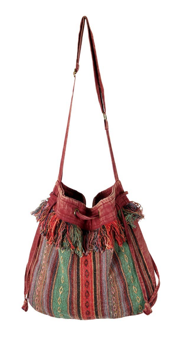 Boho Striped Tibetan Drawstring Sling Bag with Patchwork