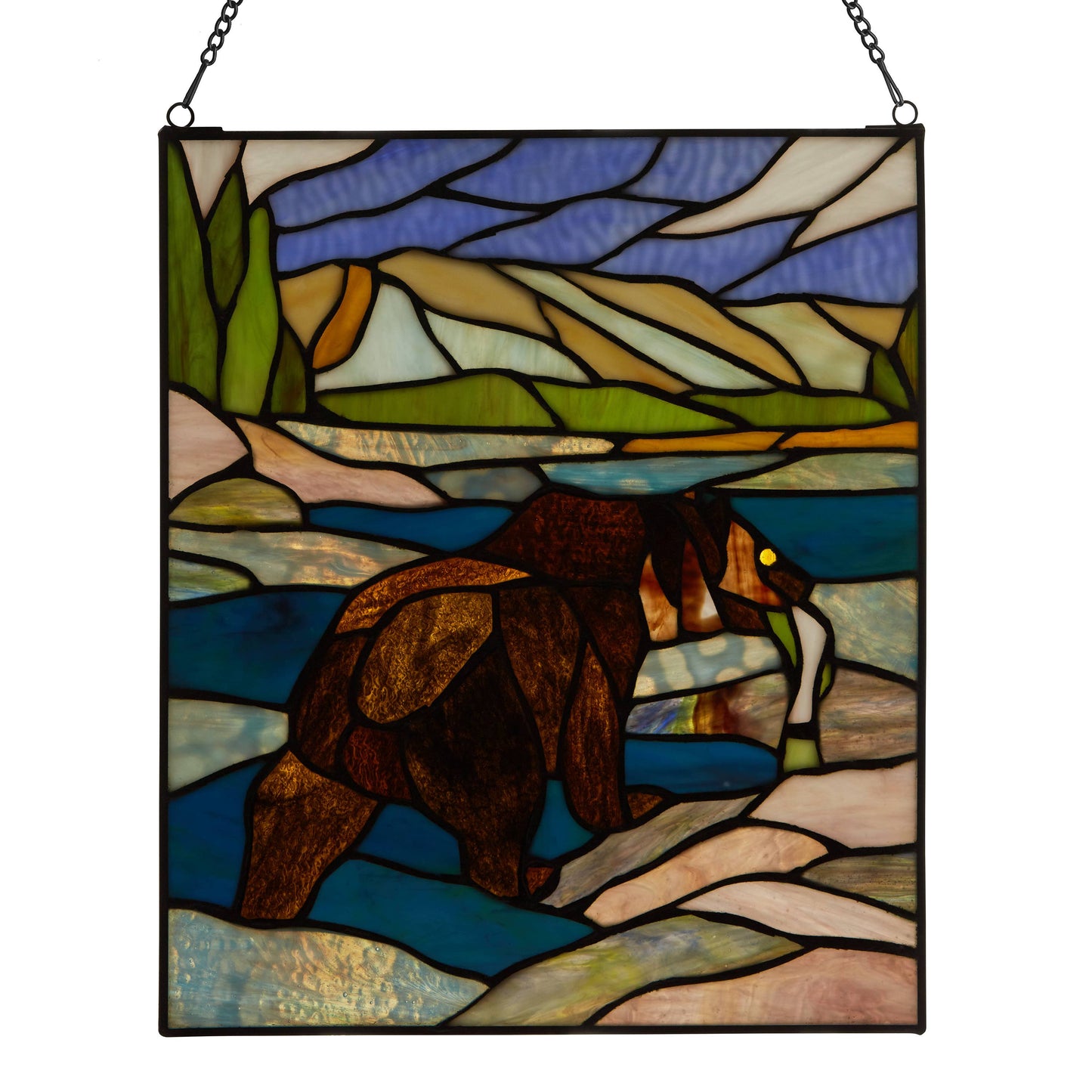 12" Fishing Bear Nature Stained Glass Window Panel