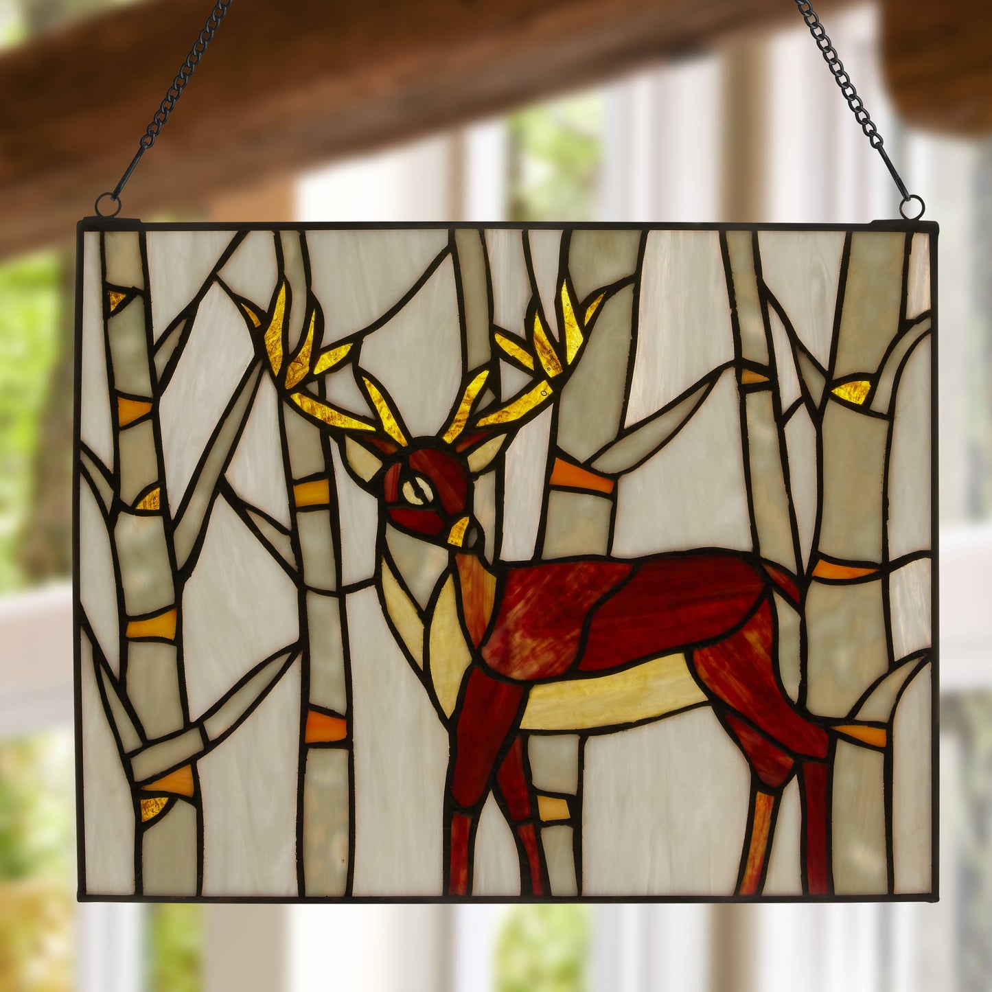 14" Majestic Deer Forest Stained Glass Window Panel