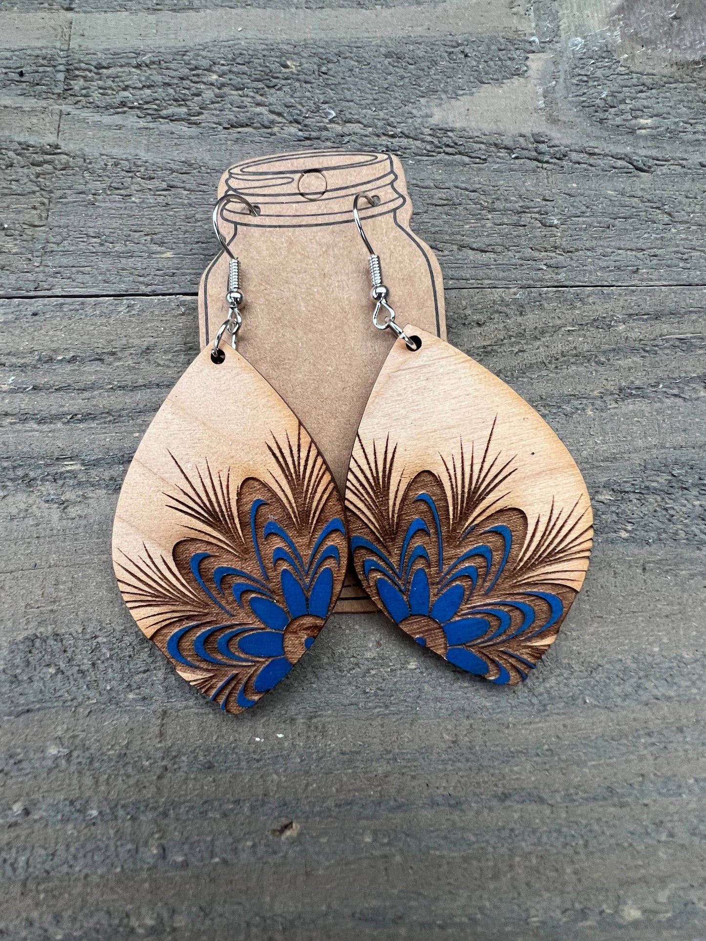 Blue Floral Engraved Hand painted Wood Cutout Earrings