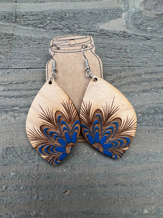Blue Floral Engraved Hand painted Wood Cutout Earrings