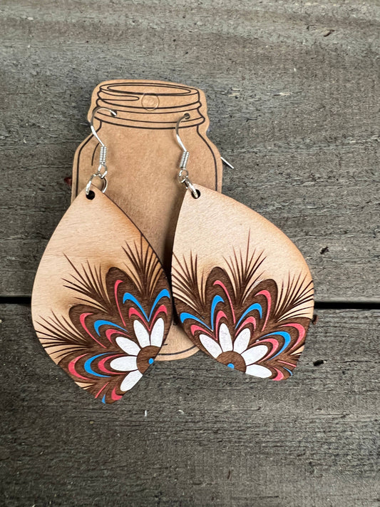 Red White and Blue Floral Engraved painted Wood  Earrings 