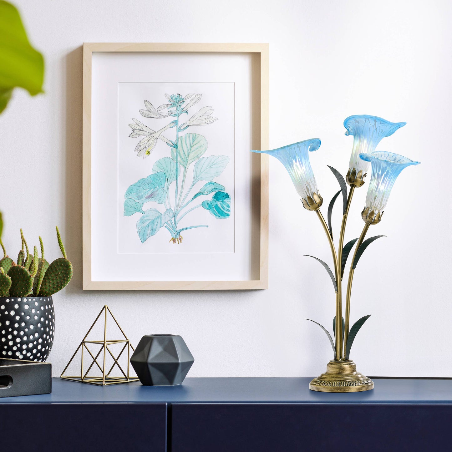 23.5" 3-Light Blue Handblown Glass Calla Lily Table Lamp