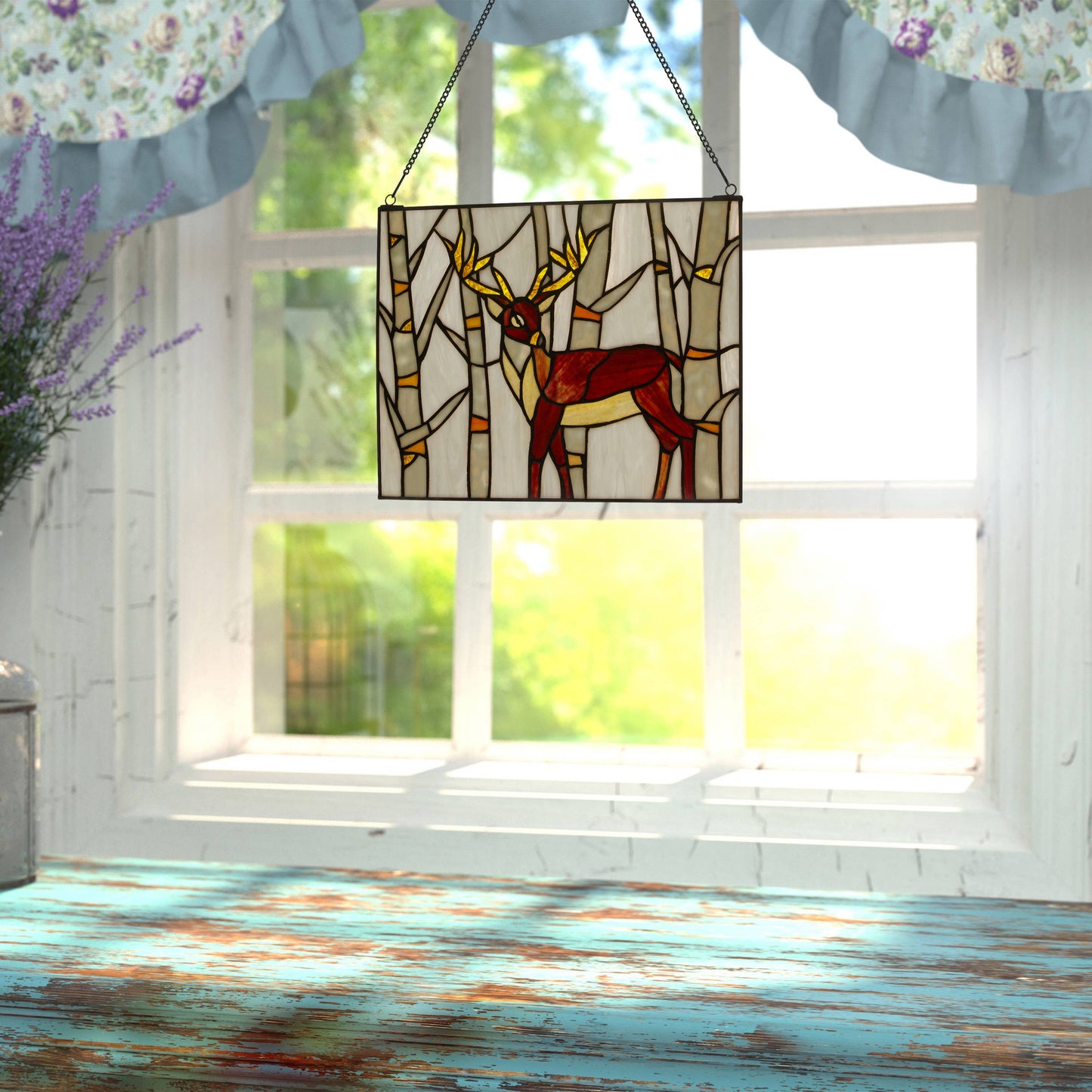 14" Majestic Deer Forest Stained Glass Window Panel