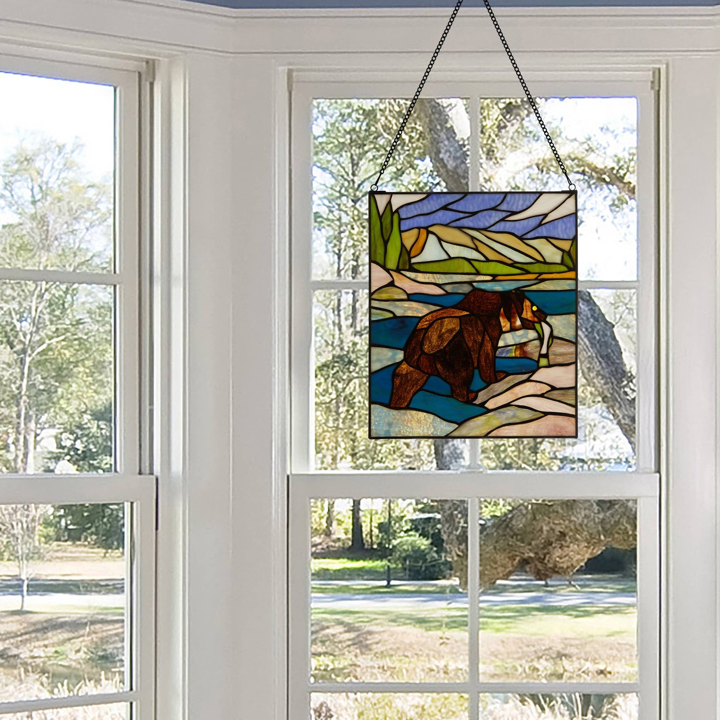 12" Fishing Bear Nature Stained Glass Window Panel
