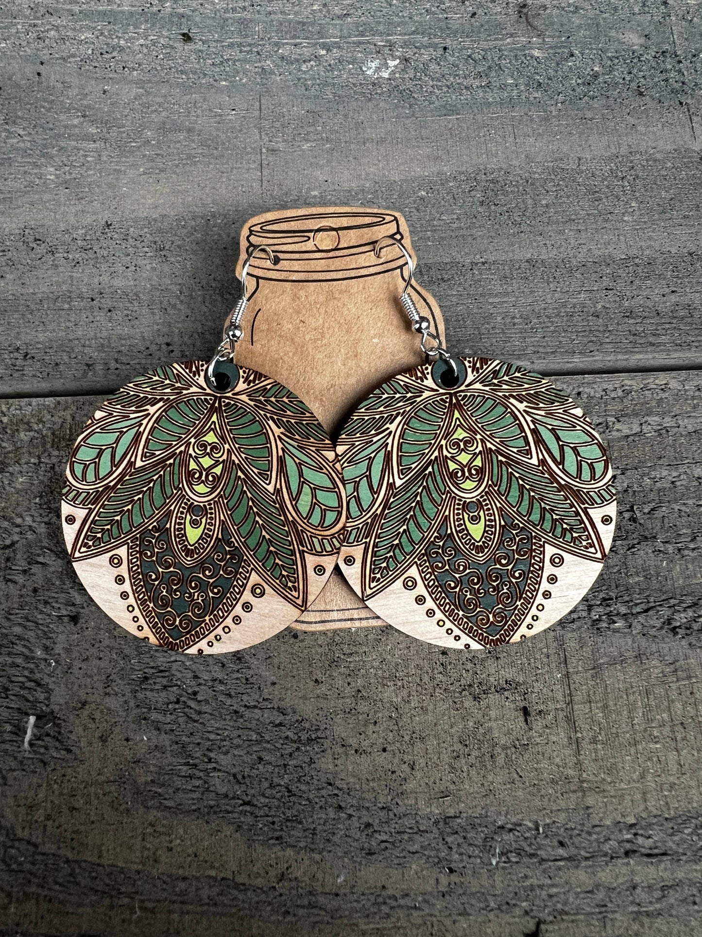 Boho Round Green Fern Engraved Wood Earrings