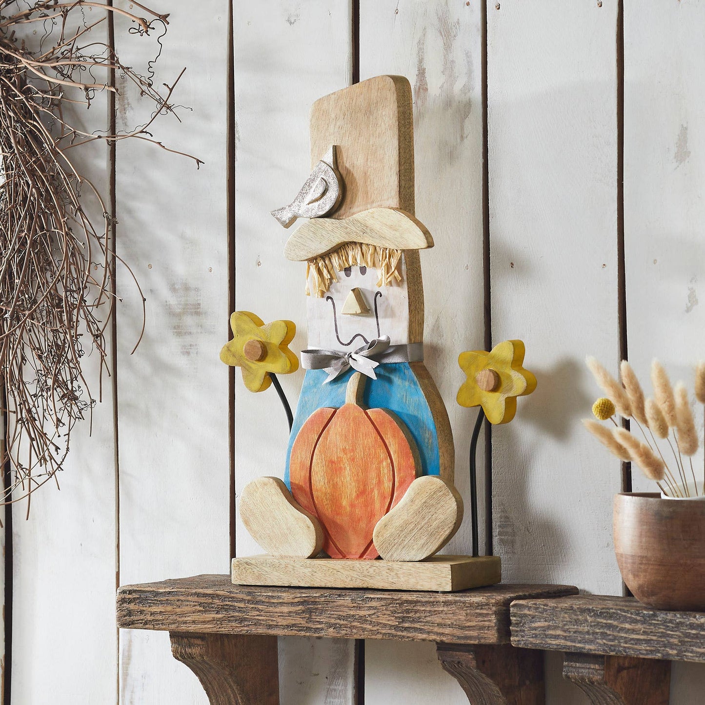 Rustic Painted Scarecrow 16.5" Farmhouse Fall Harvest Decor