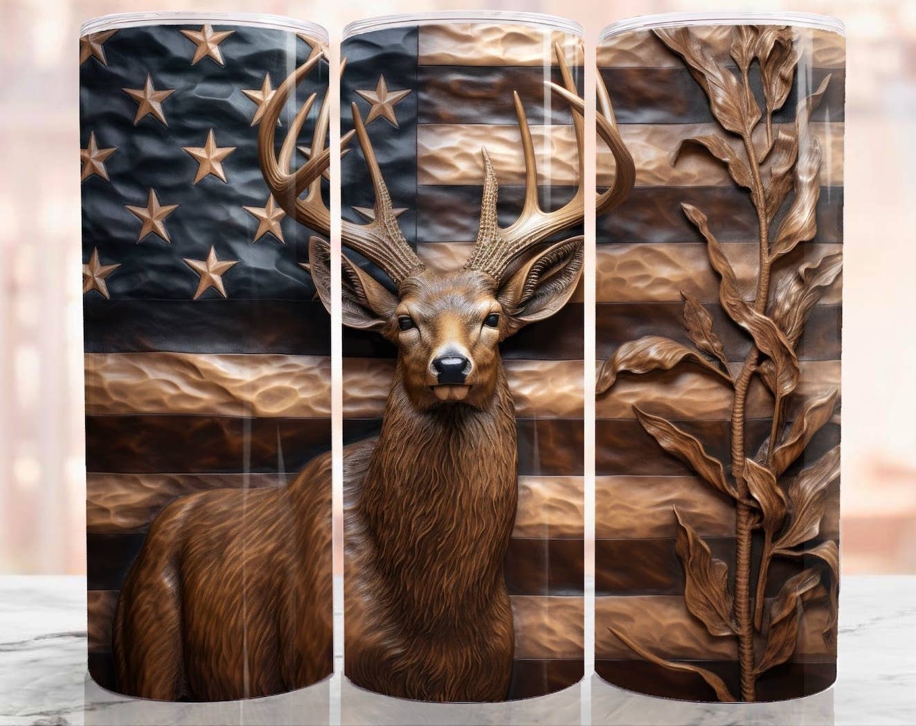 3D Deer American Flag Tumbler, 20oz Skinny Tumbler, Men Gift