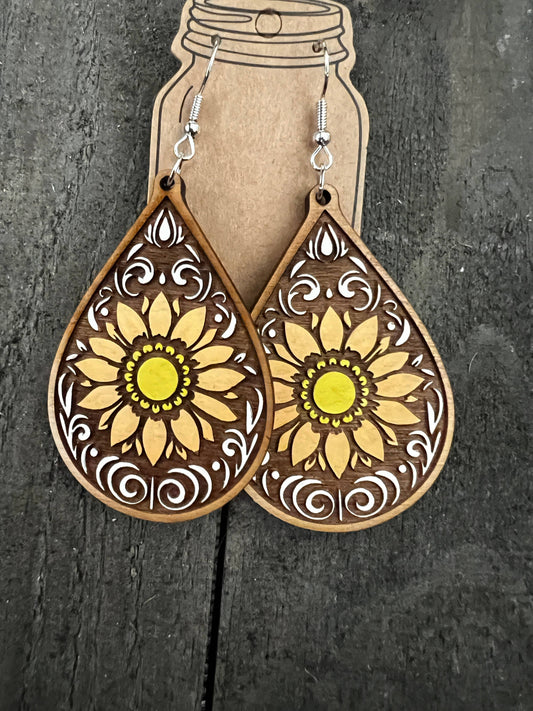 Sunflower Paisley Western Hand Painted Wood Cutout Earrings 