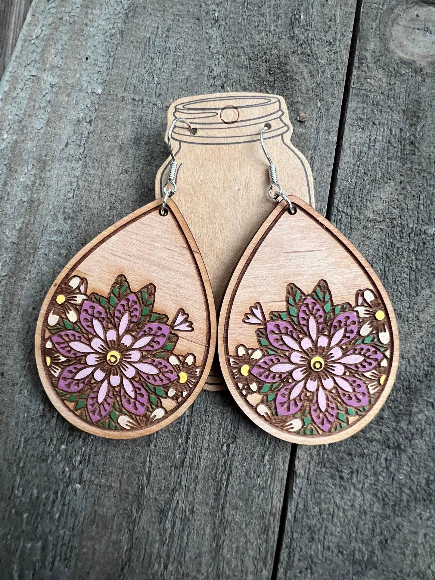 Floral Mandala Boho Engraved Hand painted Wood Earrings