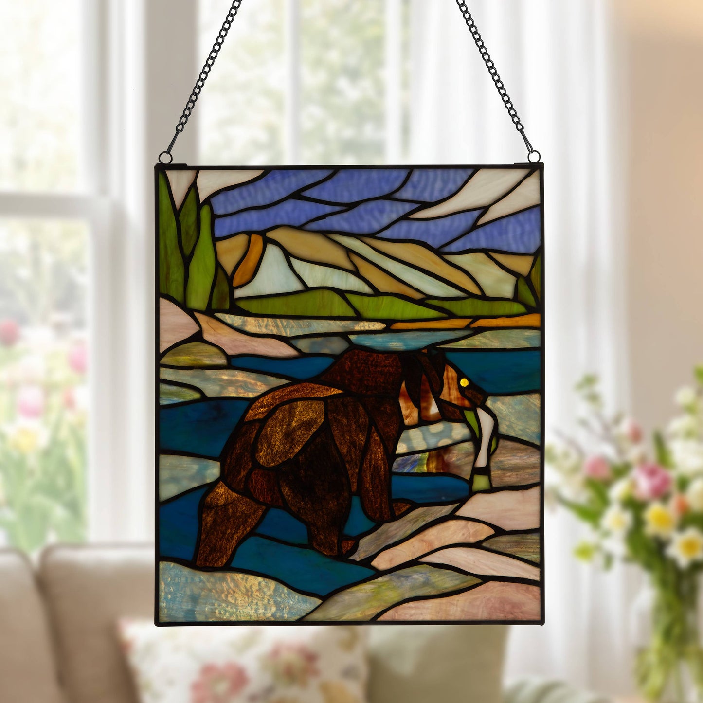 12" Fishing Bear Nature Stained Glass Window Panel