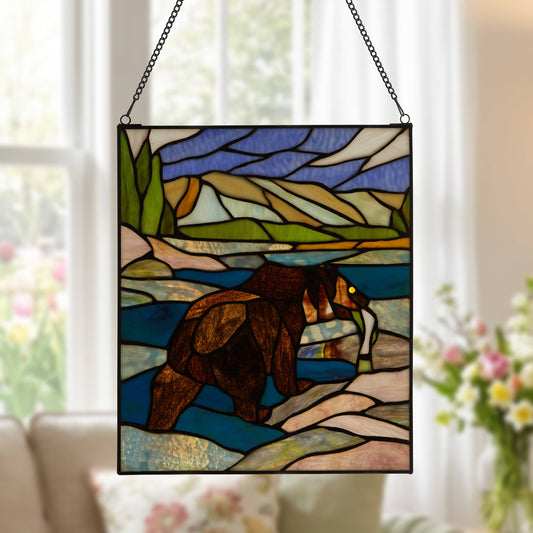 12" Fishing Bear Nature Stained Glass Window Panel