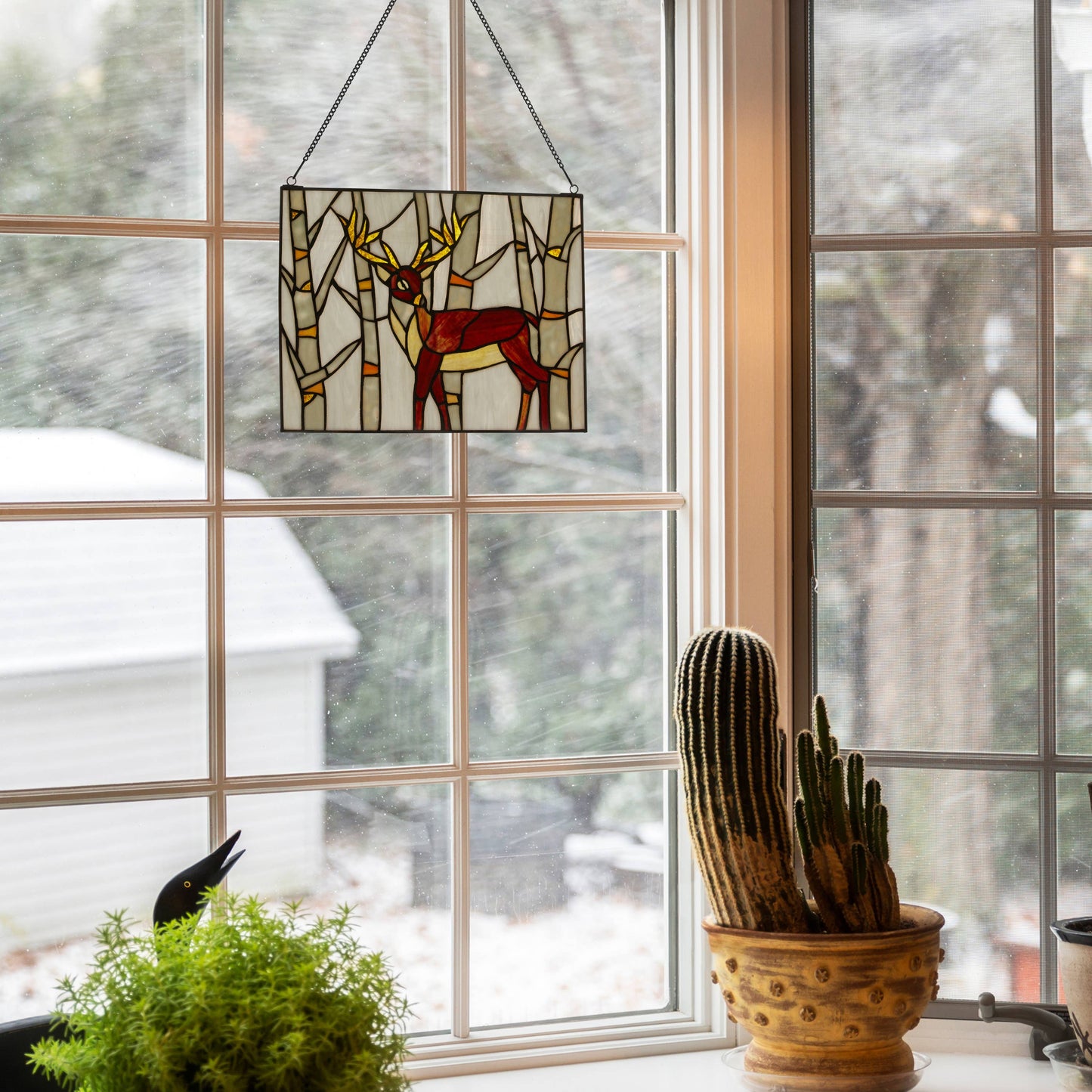 14" Majestic Deer Forest Stained Glass Window Panel