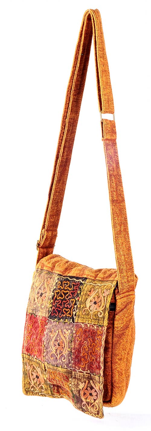 Embroidered brown patchwork crossbody