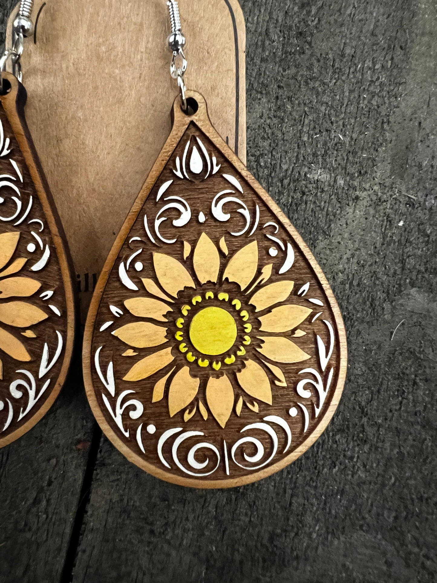 Sunflower Paisley Western Hand Painted Wood Cutout Earrings 